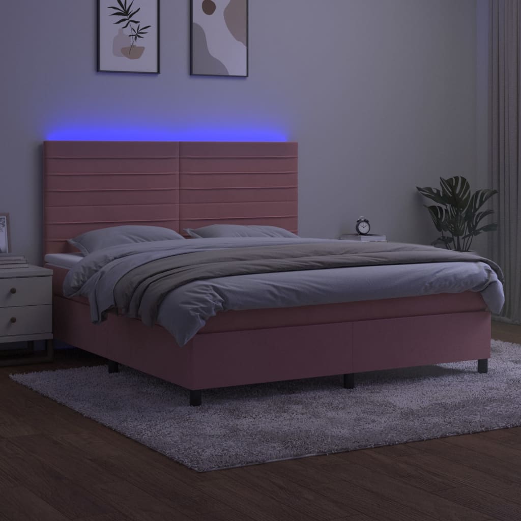 Krevet box spring s madracem LED ružičasti 160x200cm baršunasti