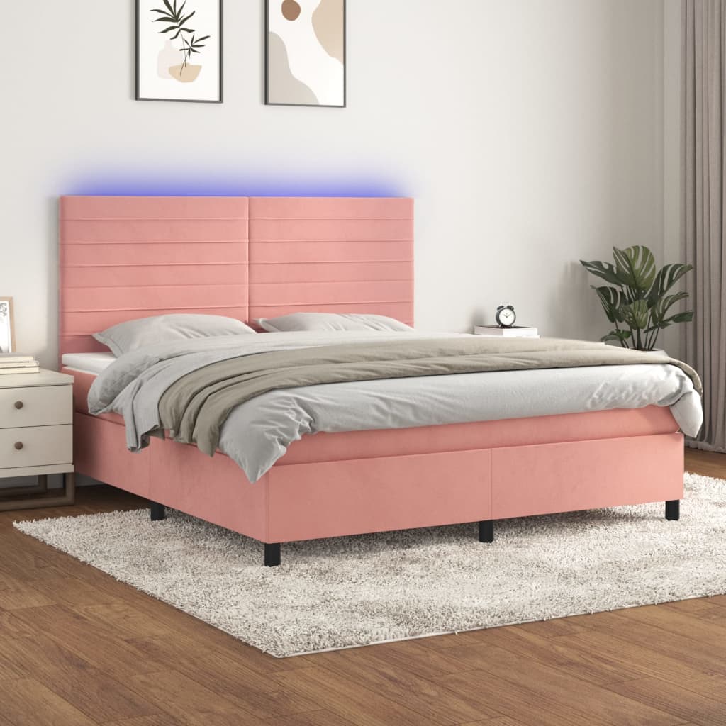 Krevet box spring s madracem LED ružičasti 160x200cm baršunasti