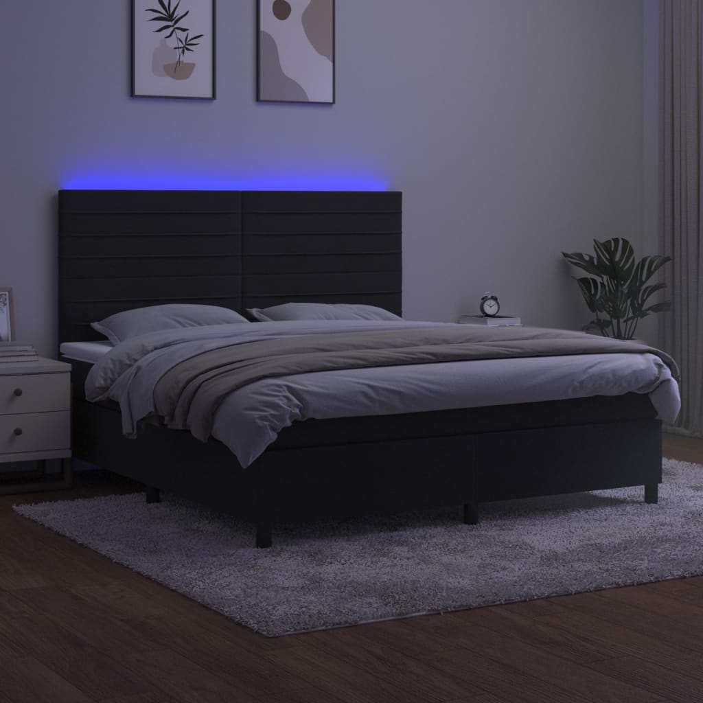 Krevet box spring s madracem LED crni 180x200 cm baršun