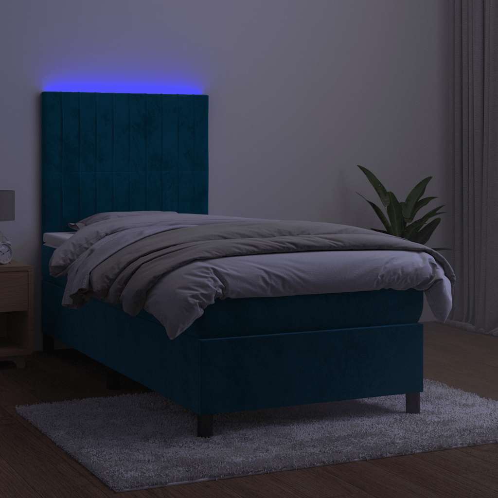 Krevet box spring s madracem LED tamnoplavi 80 x 200 cm baršun