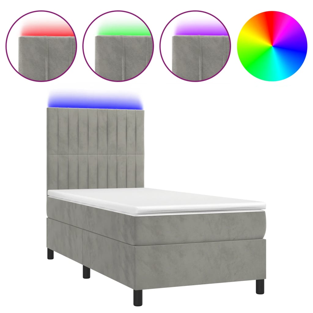 Krevet box spring s madracem LED svjetlosivi 90x190 cm baršun
