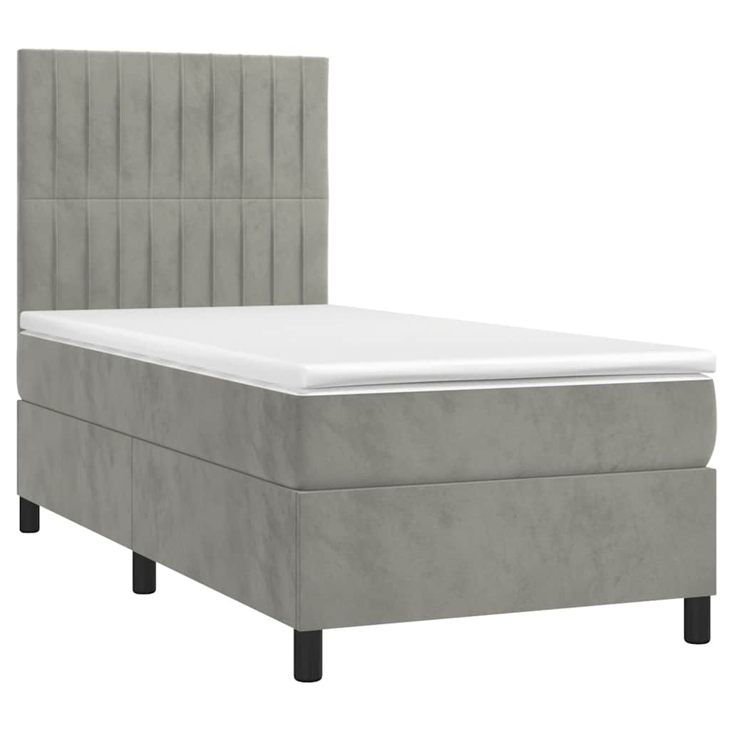 Krevet box spring s madracem LED svjetlosivi 90x190 cm baršun