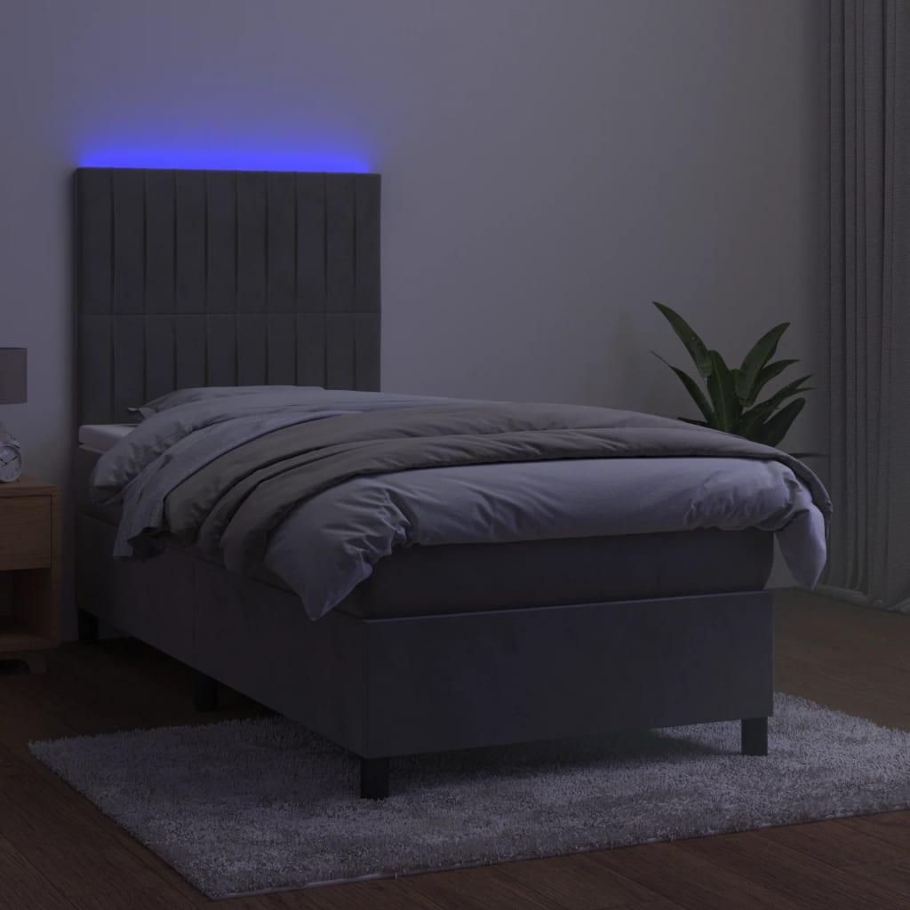 Krevet box spring s madracem LED svjetlosivi 90x190 cm baršun