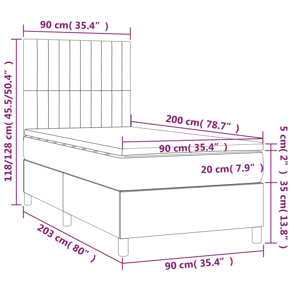 Krevet box spring s madracem LED tamnosivi 90x200 cm baršun