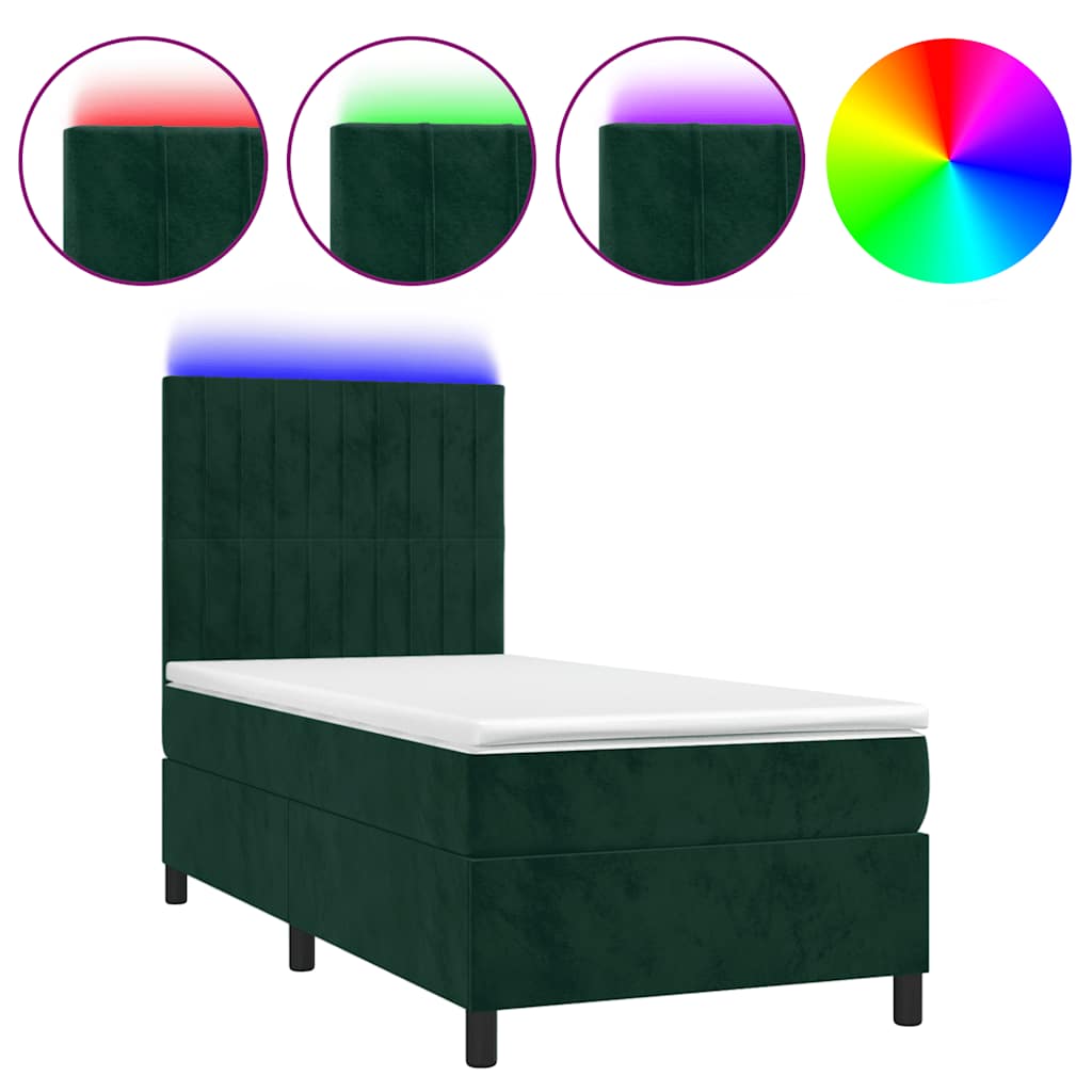 Krevet box spring s madracem LED tamnozeleni 90x200 cm baršun