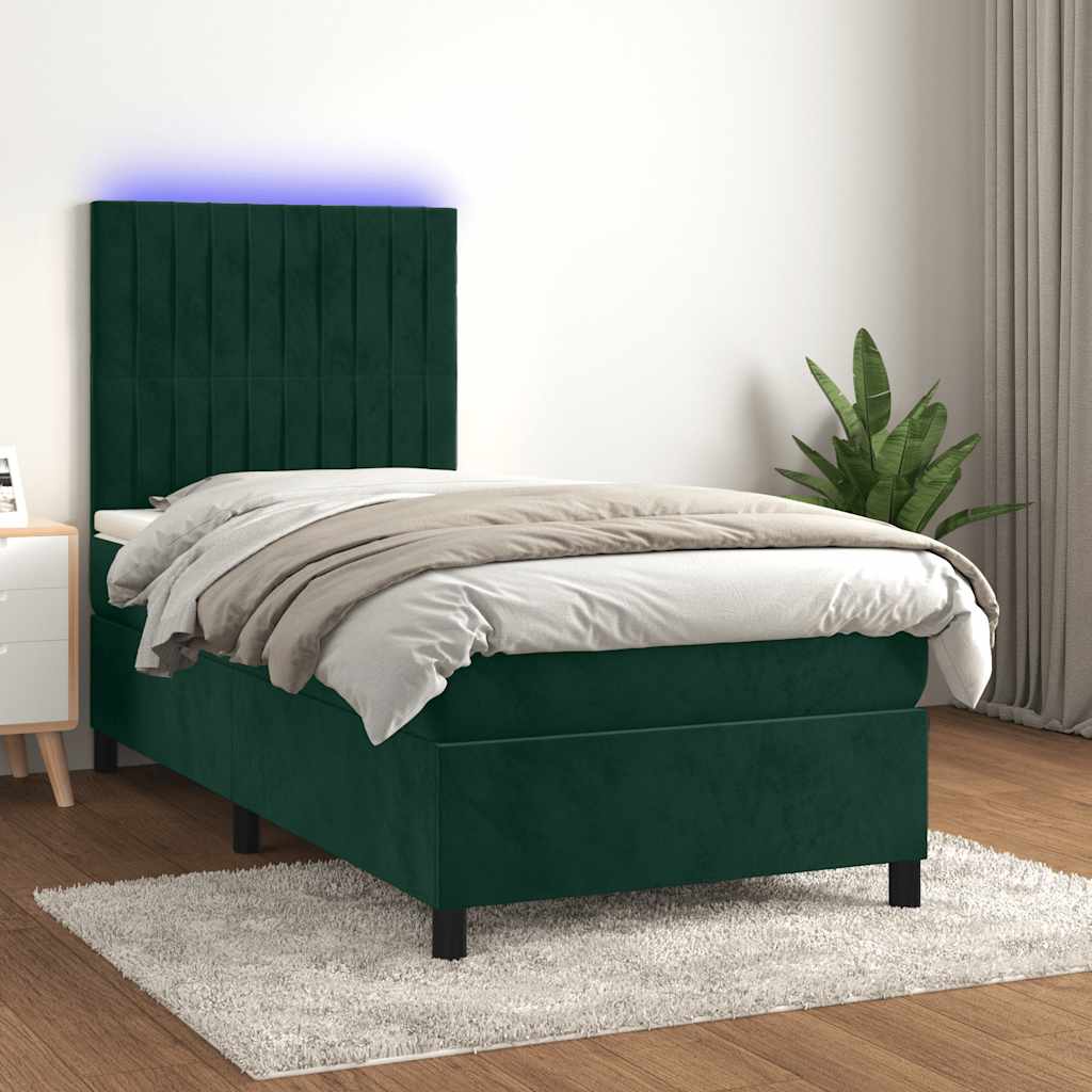 Krevet box spring s madracem LED tamnozeleni 90x200 cm baršun