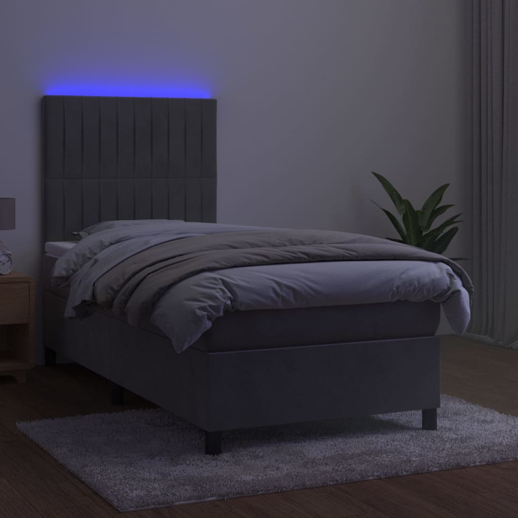 Krevet box spring s madracem LED svjetlosivi 100x200 cm baršun