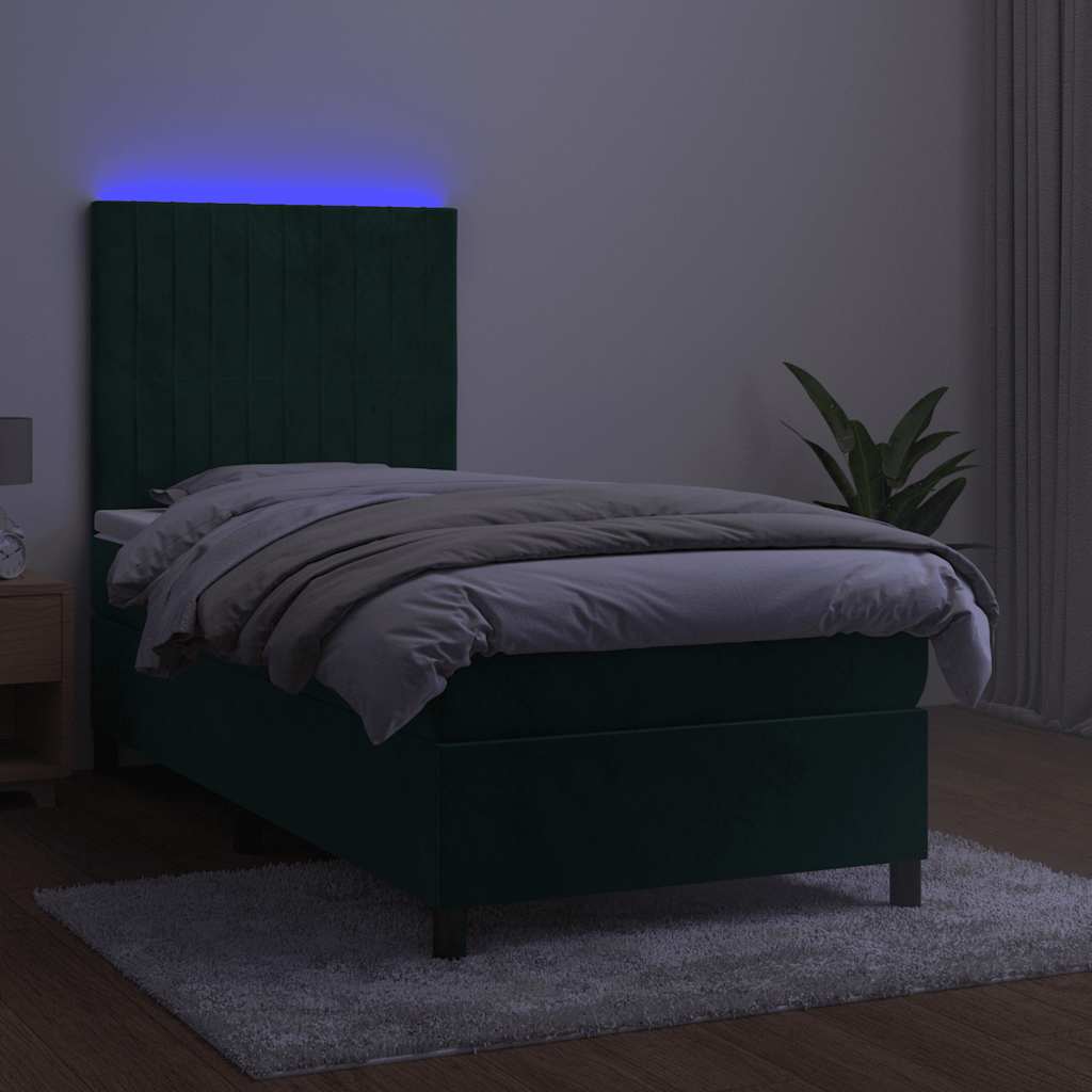 Krevet box spring s madracem LED tamnozeleni 100x200 cm baršun