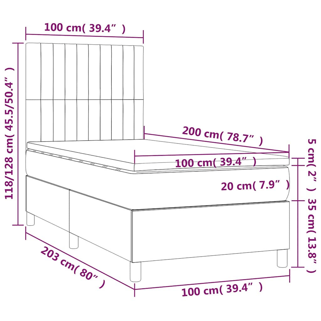 Krevet box spring s madracem LED tamnoplavi 100x200 cm baršun