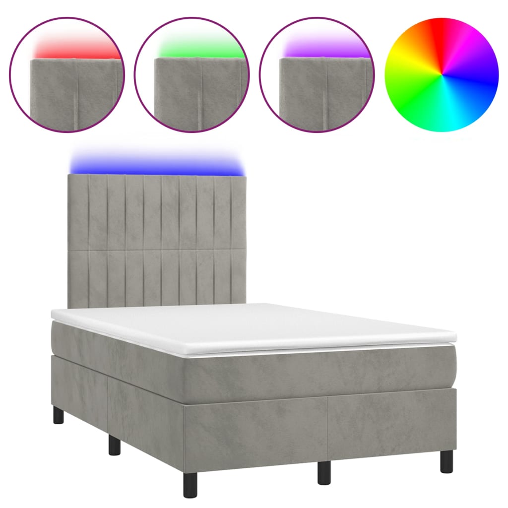 Krevet box spring s madracem LED svjetlosivi 120x200 cm baršun