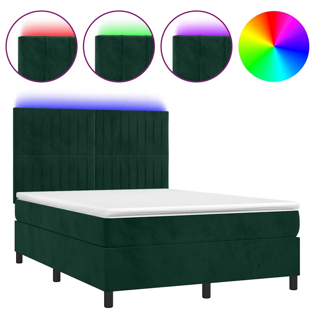 Krevet box spring s madracem LED tamnozeleni 140x190 cm baršun