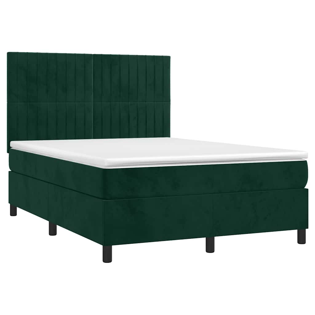 Krevet box spring s madracem LED tamnozeleni 140x190 cm baršun