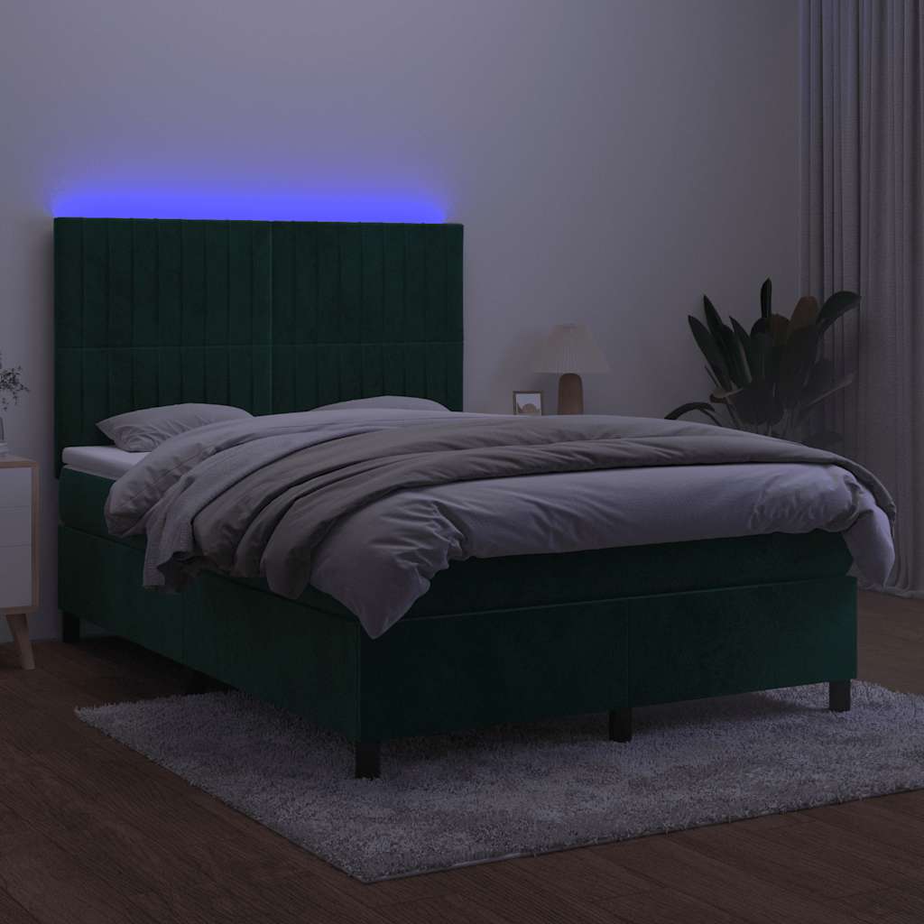 Krevet box spring s madracem LED tamnozeleni 140x190 cm baršun