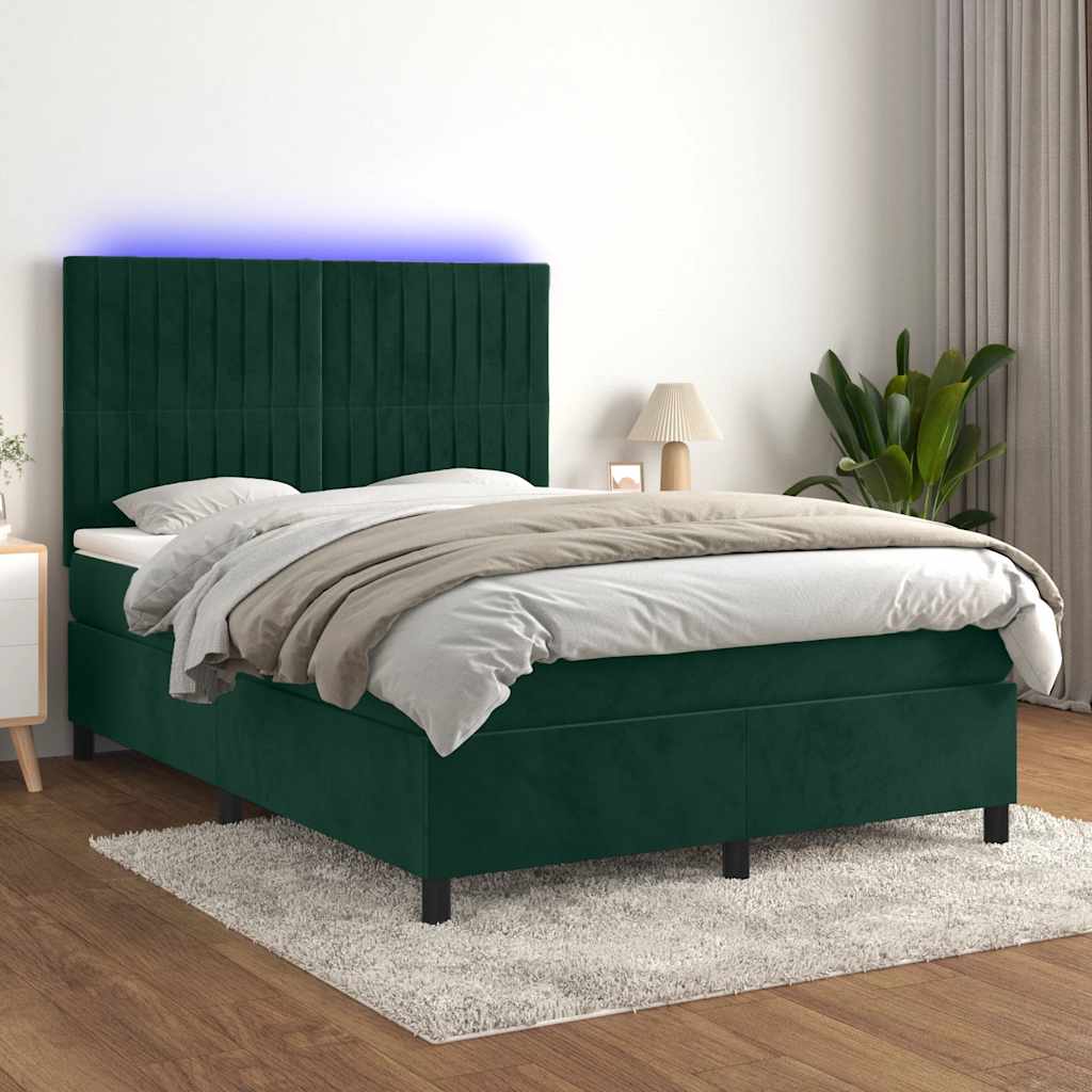 Krevet box spring s madracem LED tamnozeleni 140x190 cm baršun