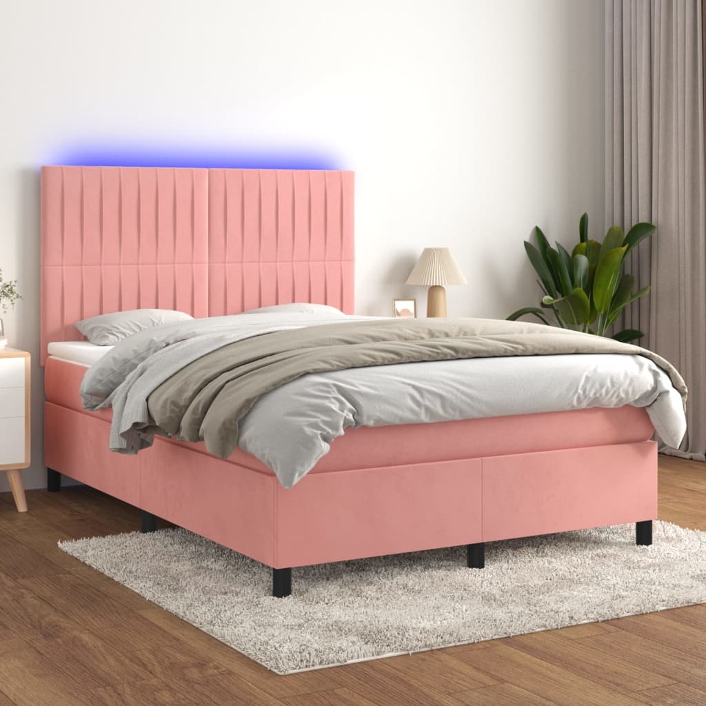 Krevet box spring s madracem LED ružičasti 140x190cm baršunasti