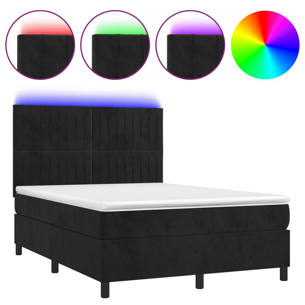Krevet box spring s madracem LED crni 140x200 cm baršun