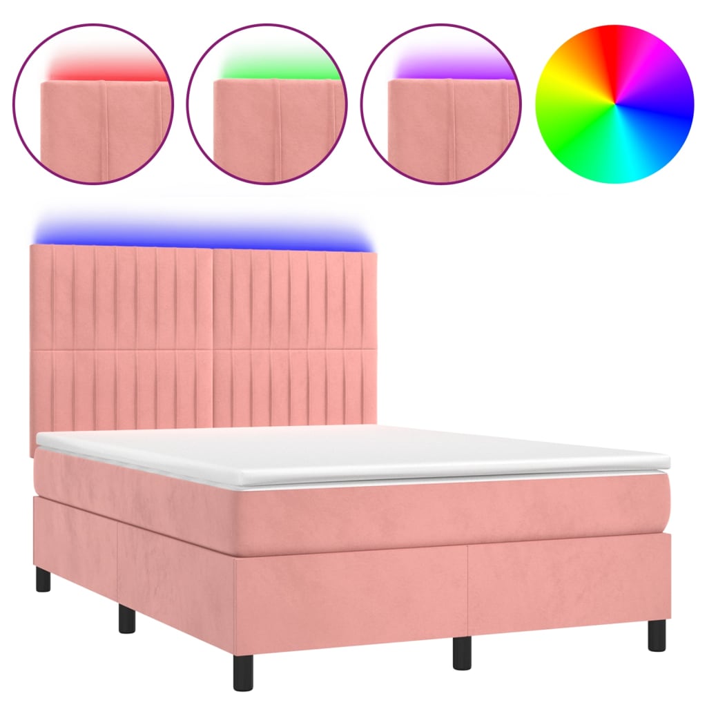 Krevet box spring s madracem LED ružičasti 140x200cm baršunasti