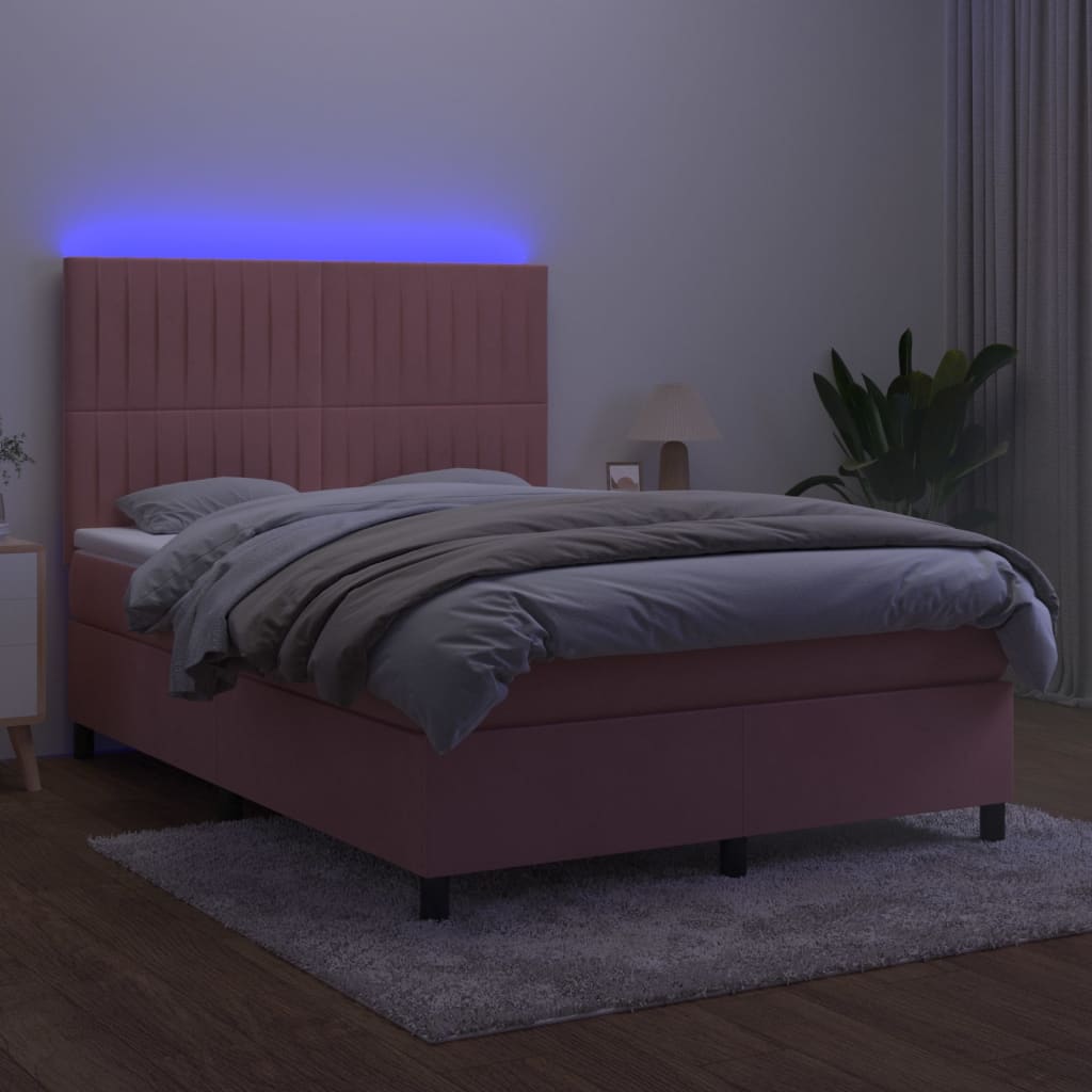 Krevet box spring s madracem LED ružičasti 140x200cm baršunasti