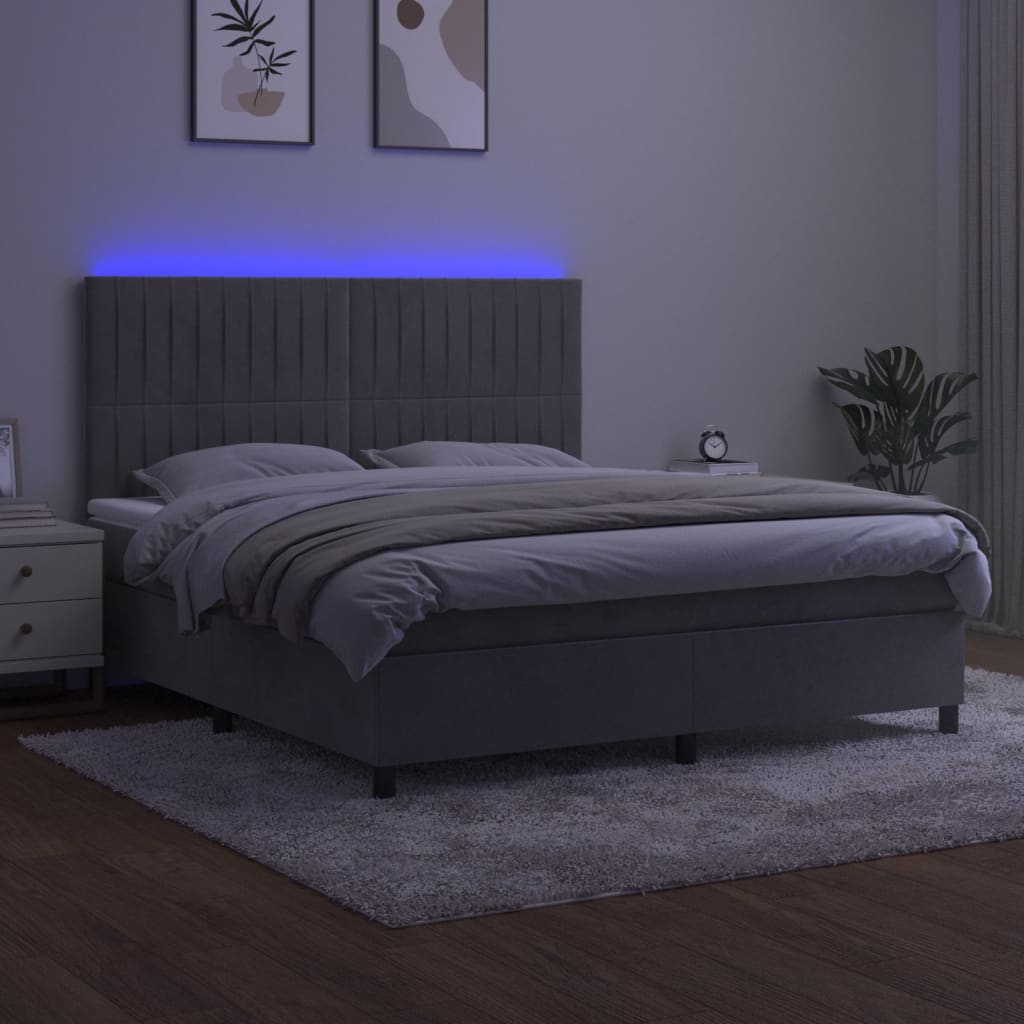 Krevet box spring s madracem LED svjetlosivi 180x200 cm baršun