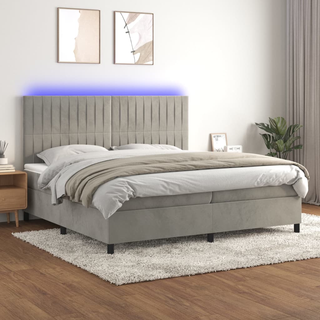 Krevet box spring s madracem LED svjetlosivi 200x200 cm baršun