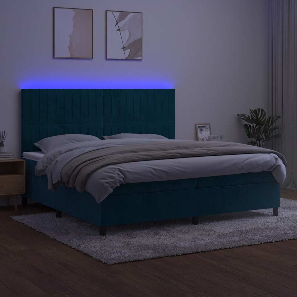 Krevet box spring s madracem LED tamnoplavi 200x200 cm baršun