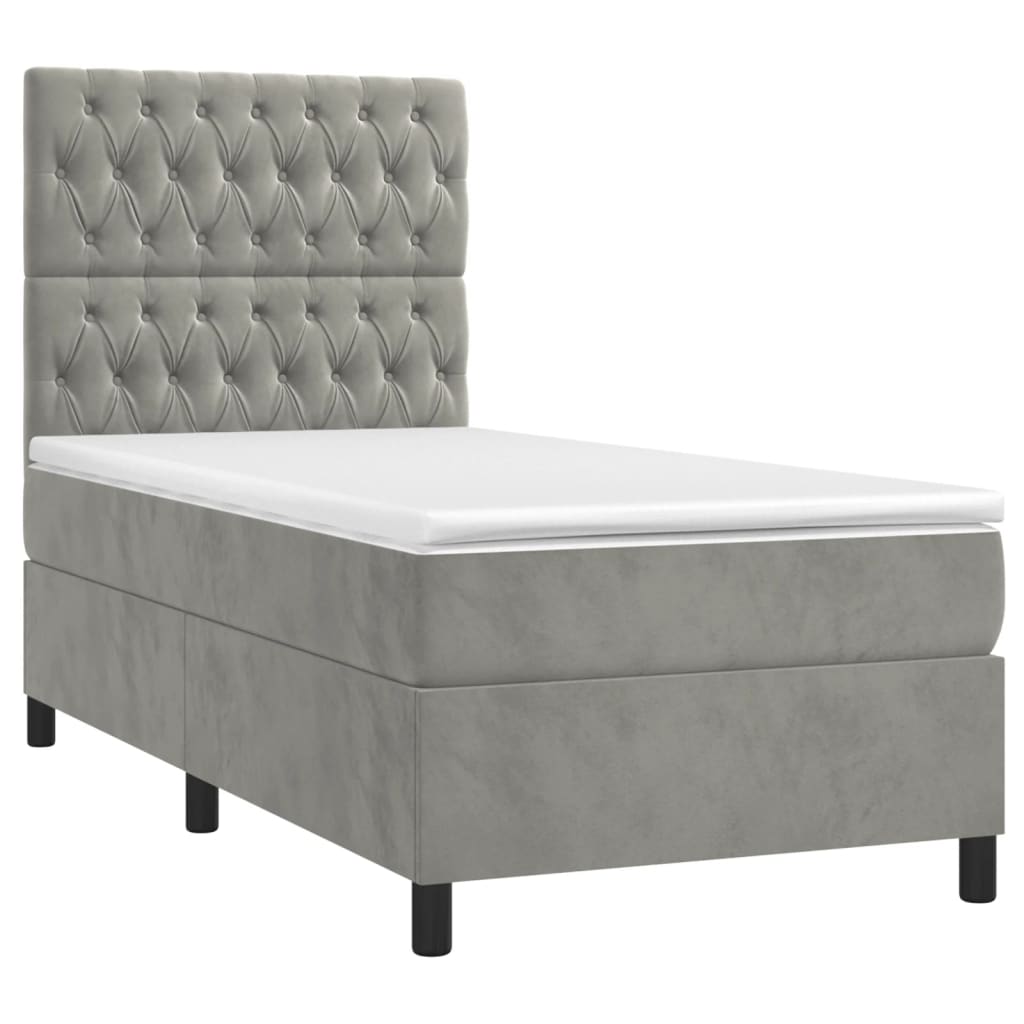 Krevet box spring s madracem LED svjetlosivi 90x190 cm baršun
