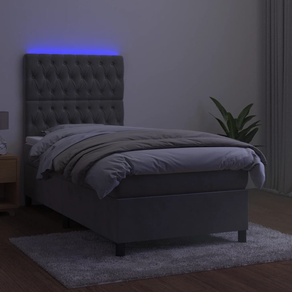 Krevet box spring s madracem LED svjetlosivi 90x190 cm baršun