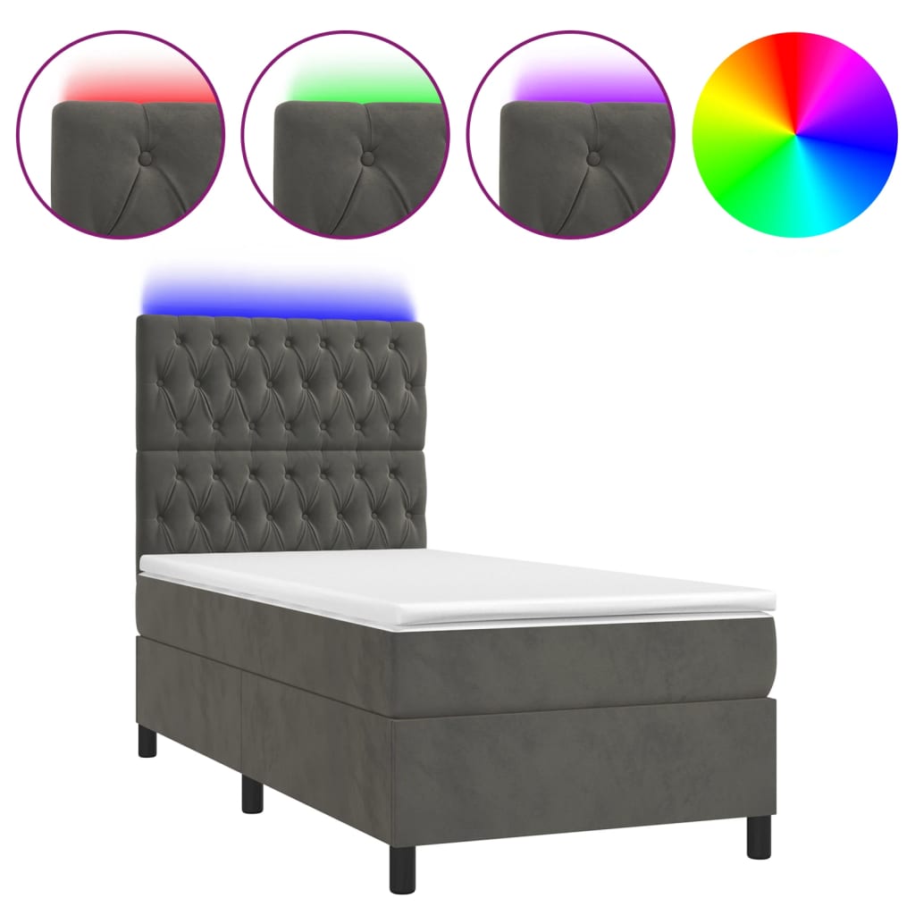 Krevet box spring s madracem LED tamnosivi 90x190 cm baršun