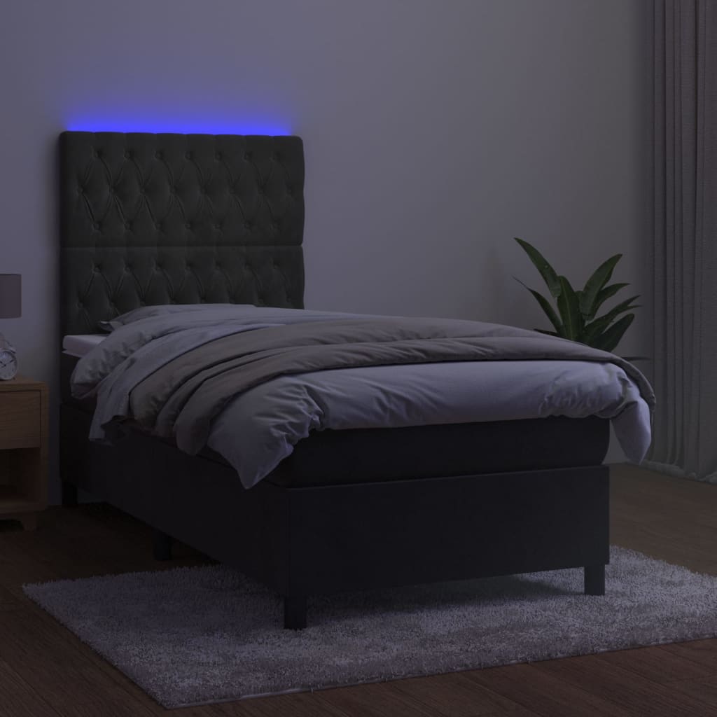 Krevet box spring s madracem LED tamnosivi 90x200 cm baršun