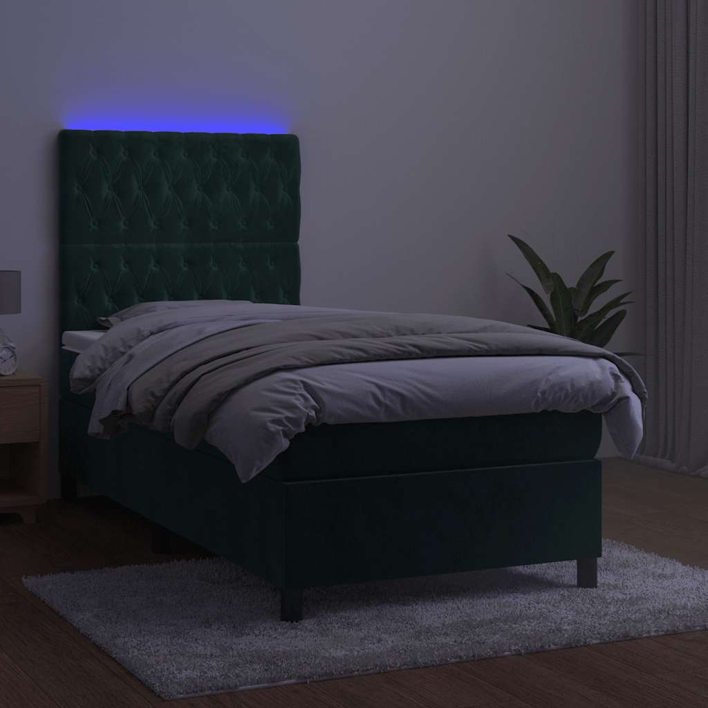 Krevet box spring s madracem LED tamnozeleni 90x200 cm baršun