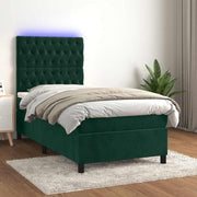 Krevet box spring s madracem LED tamnozeleni 90x200 cm baršun