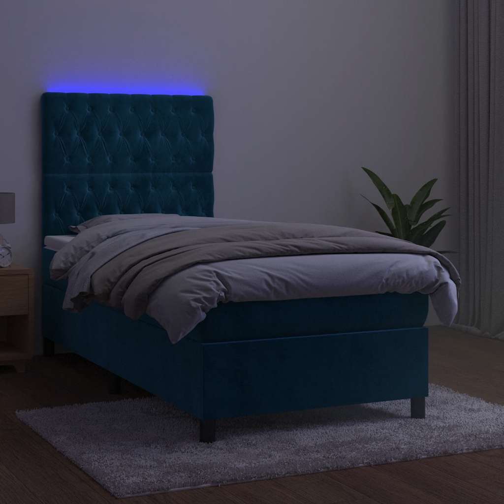 Krevet box spring s madracem LED tamnoplavi 90x200 cm baršun