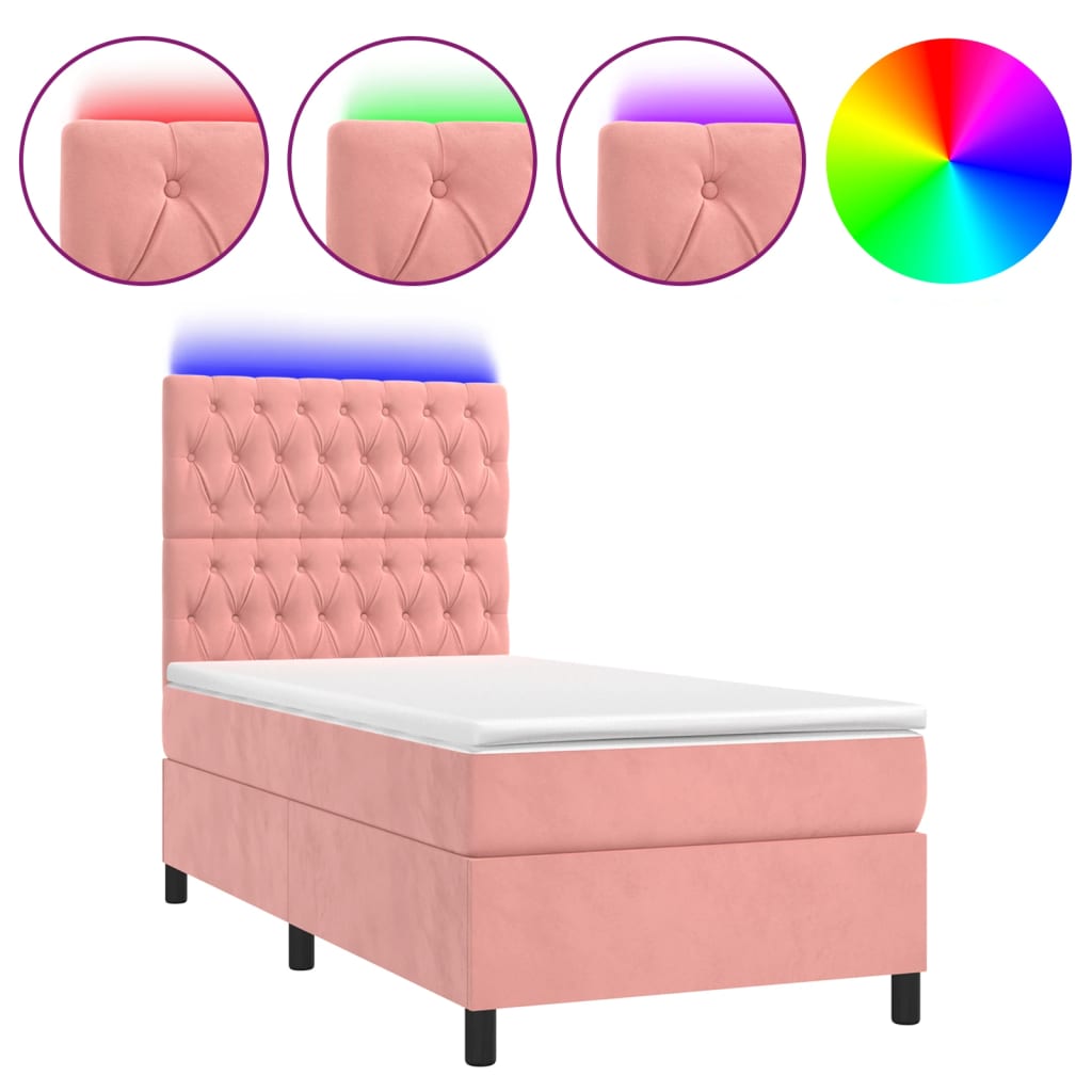 Krevet box spring s madracem LED ružičasti 90x200 cm baršunasti