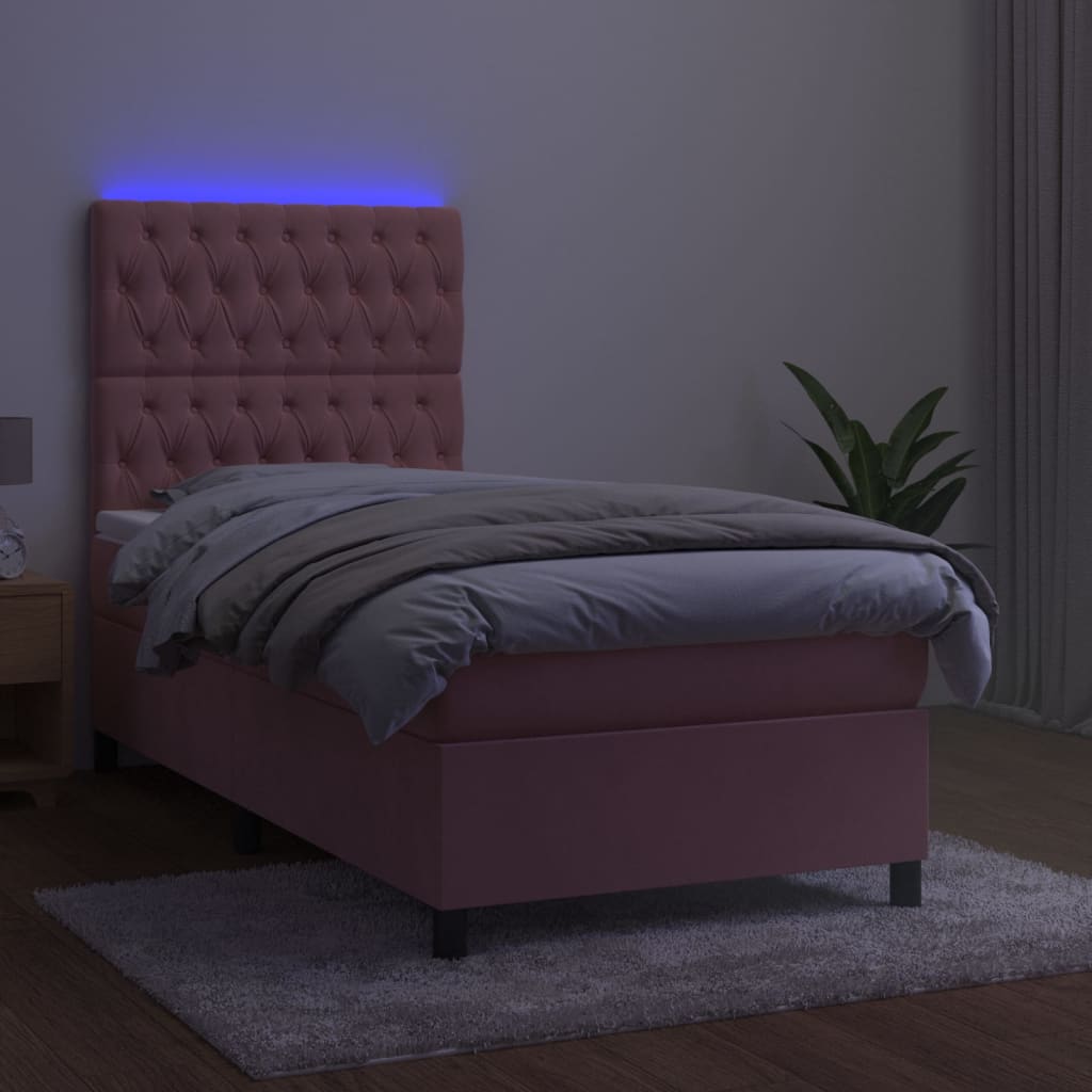 Krevet box spring s madracem LED ružičasti 90x200 cm baršunasti
