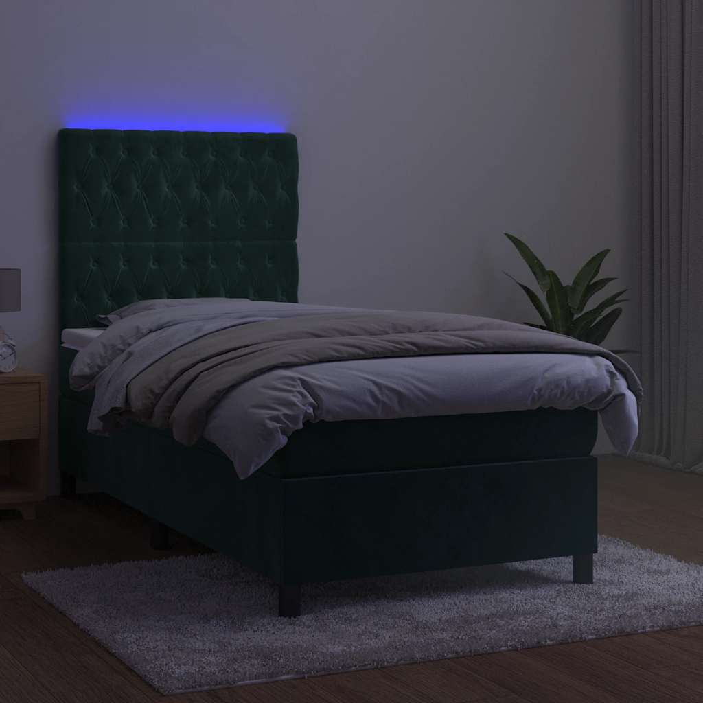 Krevet box spring s madracem LED tamnozeleni 100x200 cm baršun