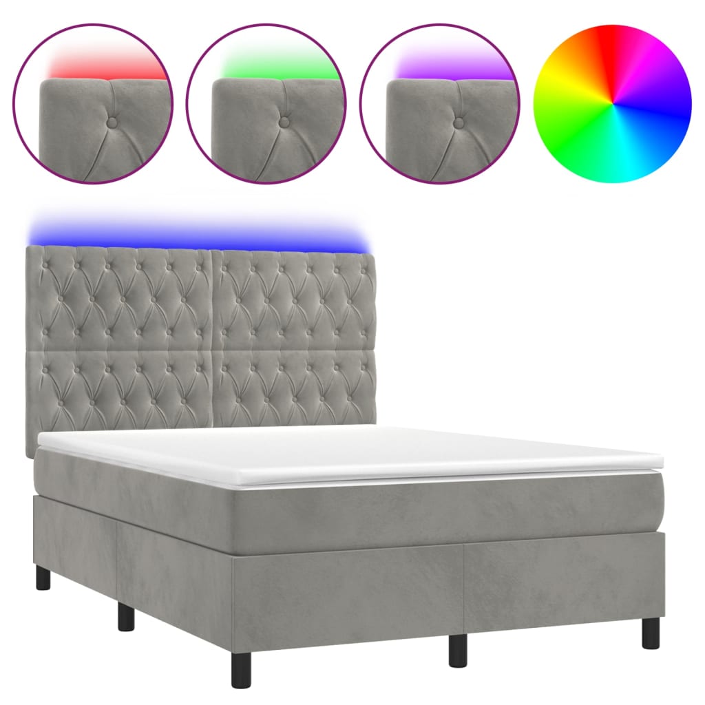 Krevet box spring s madracem LED svjetlosivi 140x190 cm baršun