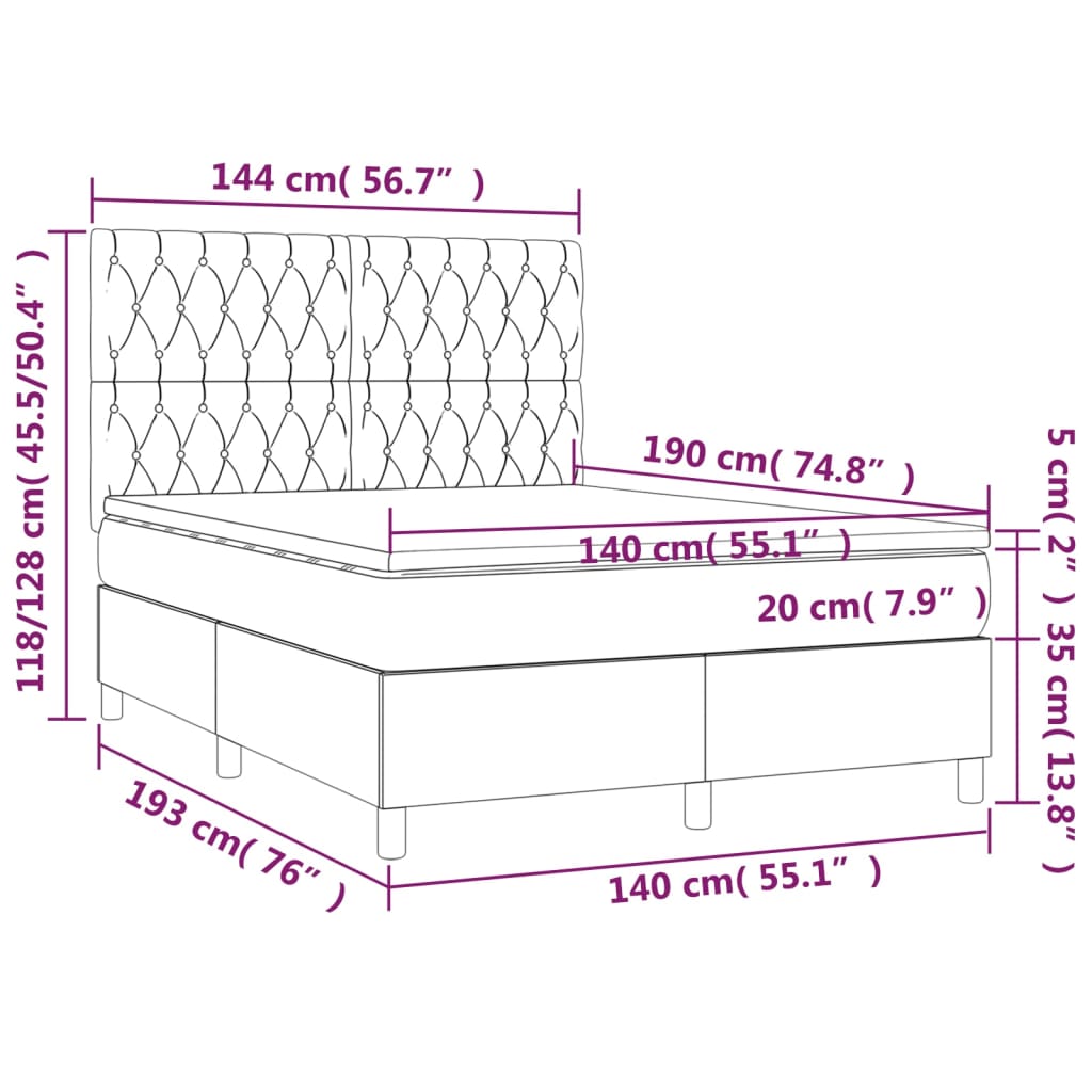 Krevet box spring s madracem LED svjetlosivi 140x190 cm baršun