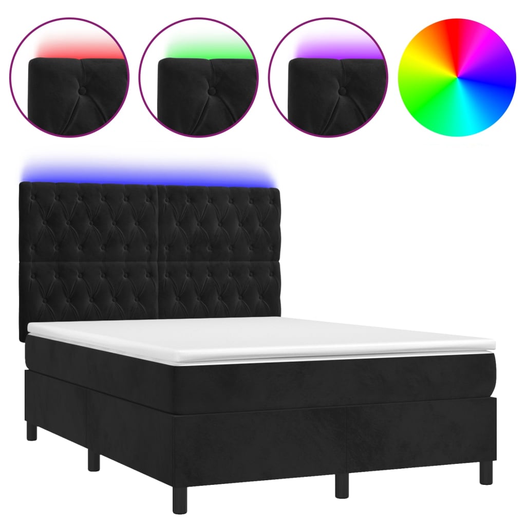 Krevet box spring s madracem LED crni 140x190 cm baršun