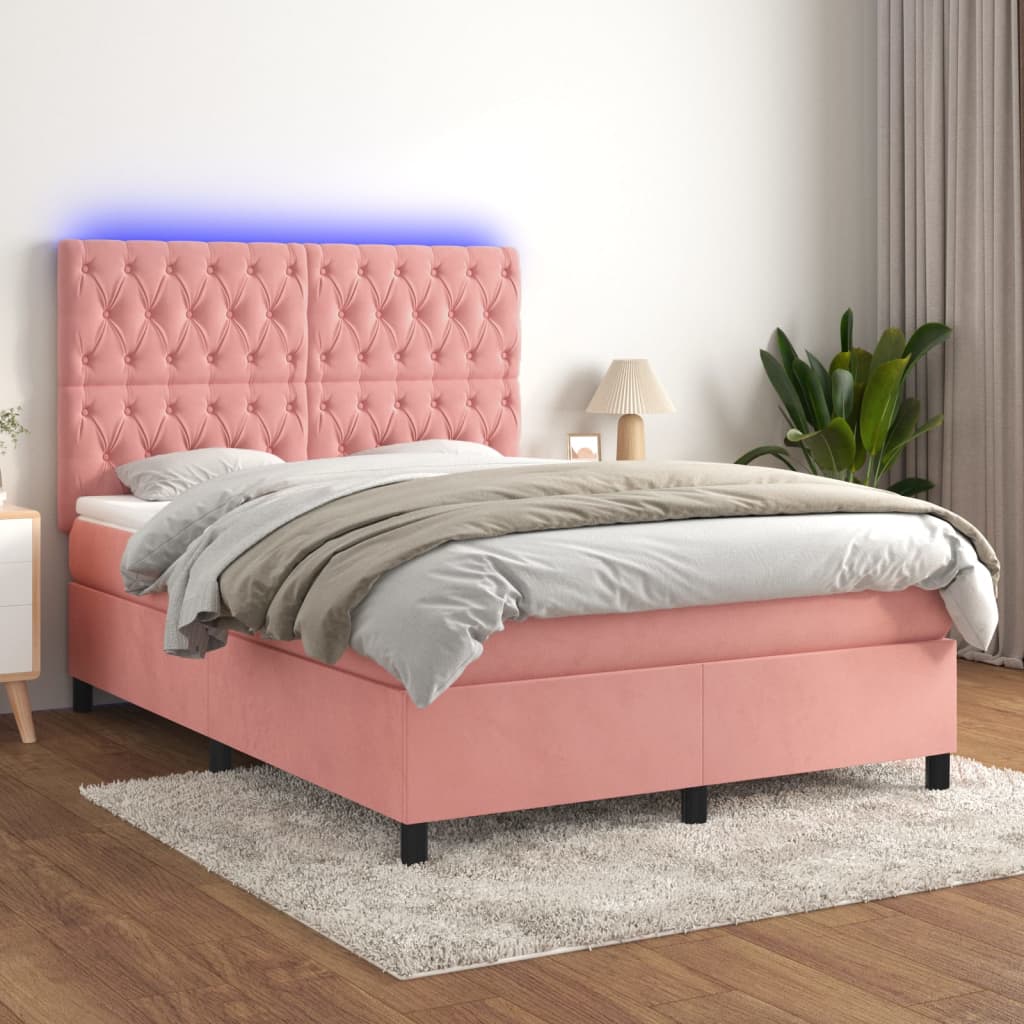 Krevet box spring s madracem LED ružičasti 140x190cm baršunasti