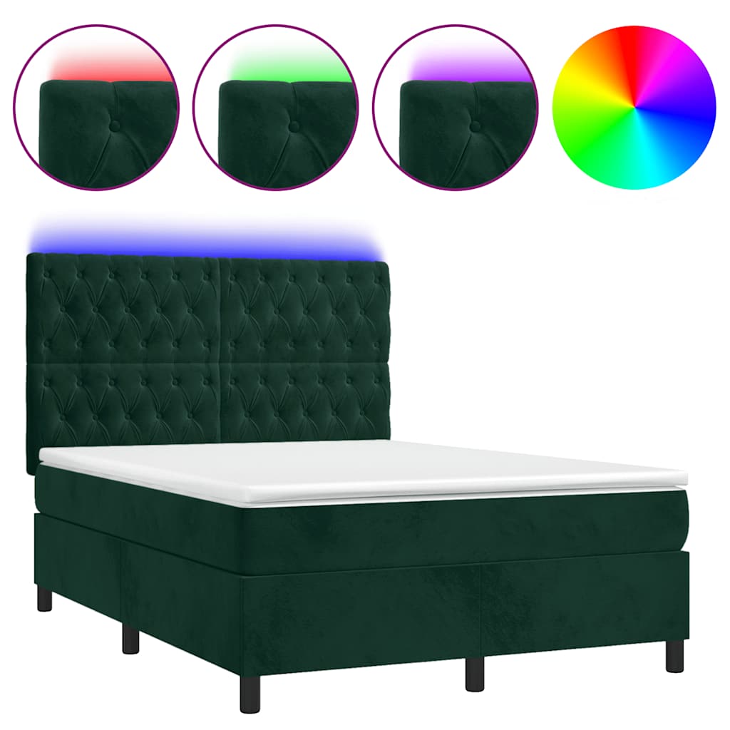 Krevet box spring s madracem LED tamnozeleni 140x200 cm baršun