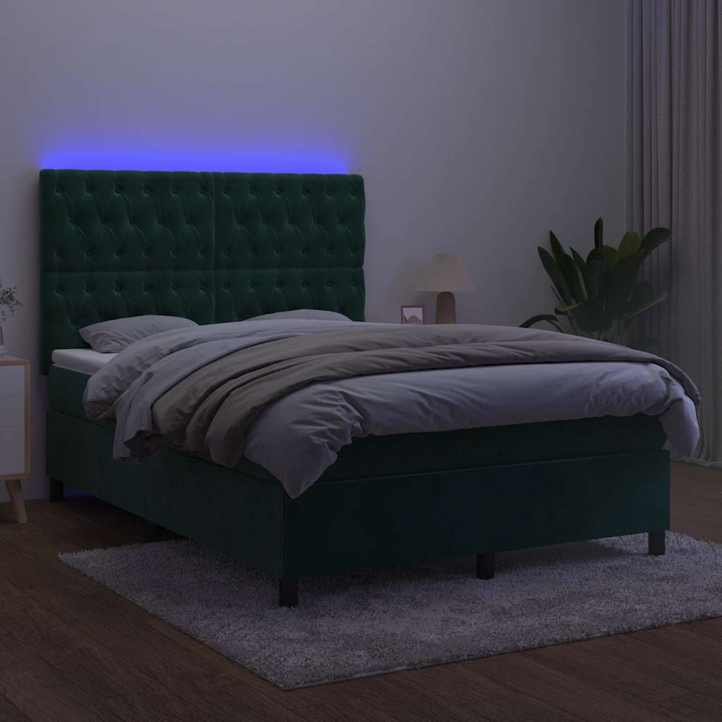 Krevet box spring s madracem LED tamnozeleni 140x200 cm baršun