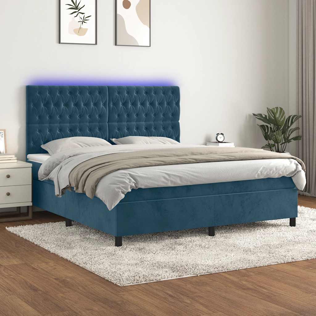 Krevet box spring s madracem LED tamnoplavi 160x200 cm baršun