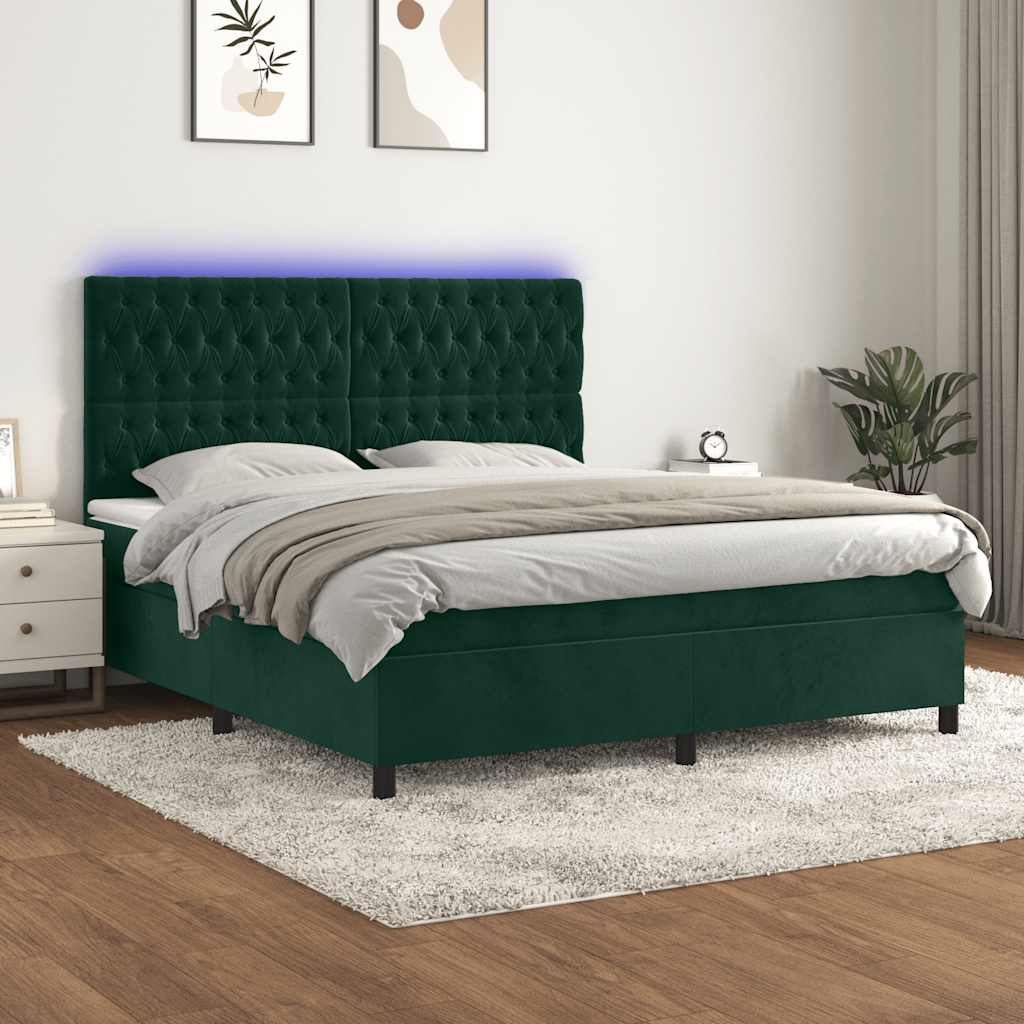 Krevet box spring s madracem LED tamnozeleni 180x200 cm baršun