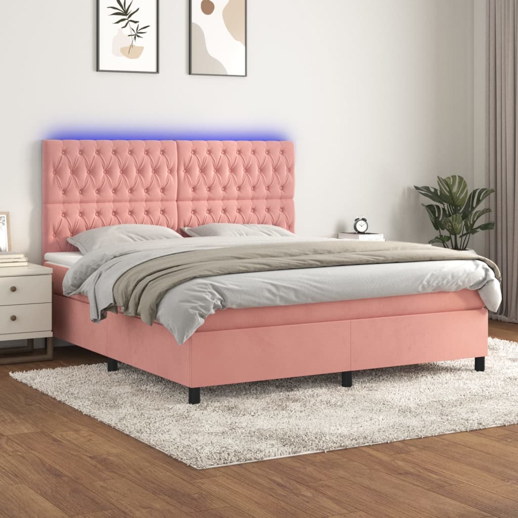 Krevet box spring s madracem LED ružičasti 180x200cm baršunasti