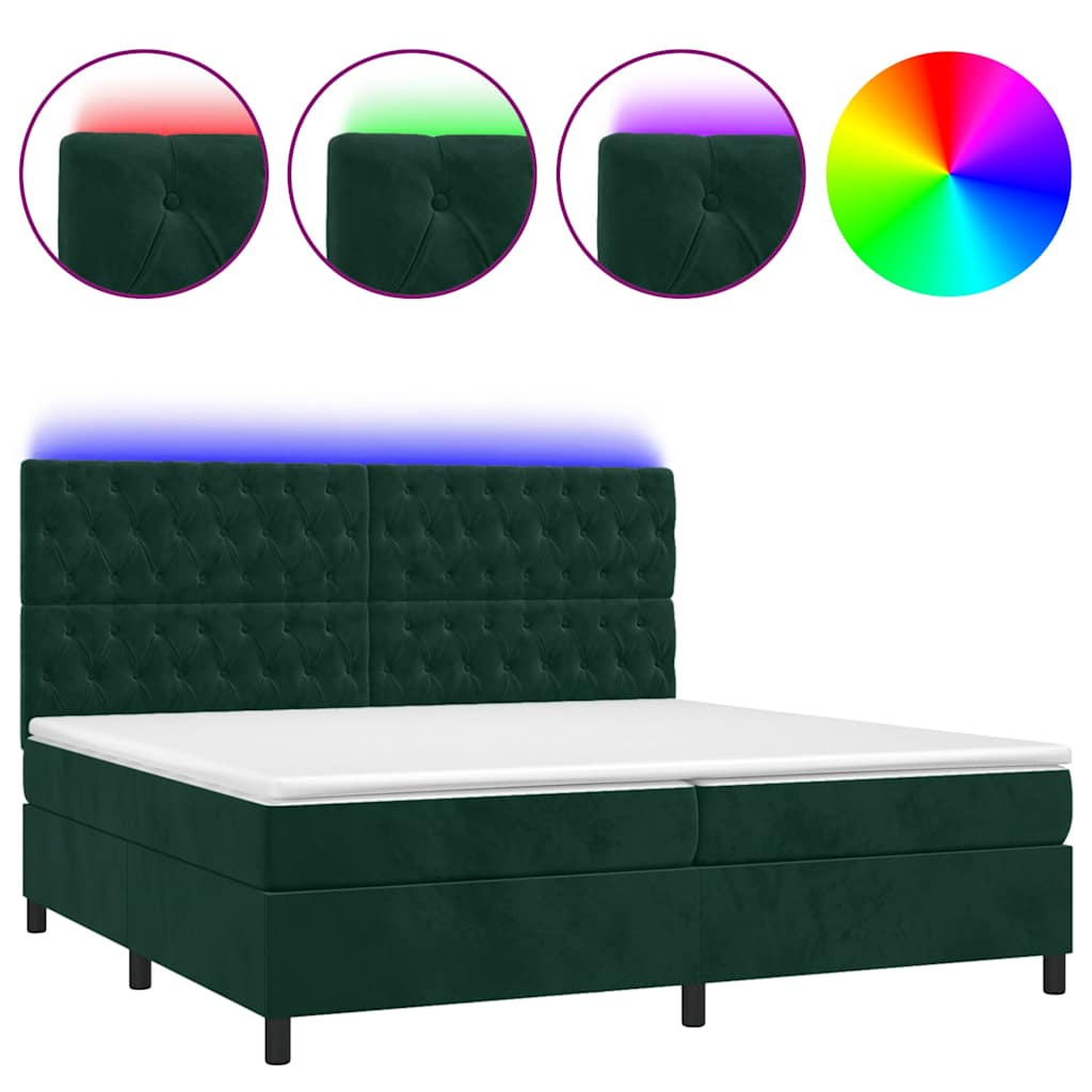 Krevet box spring s madracem LED tamnozeleni 200x200 cm baršun