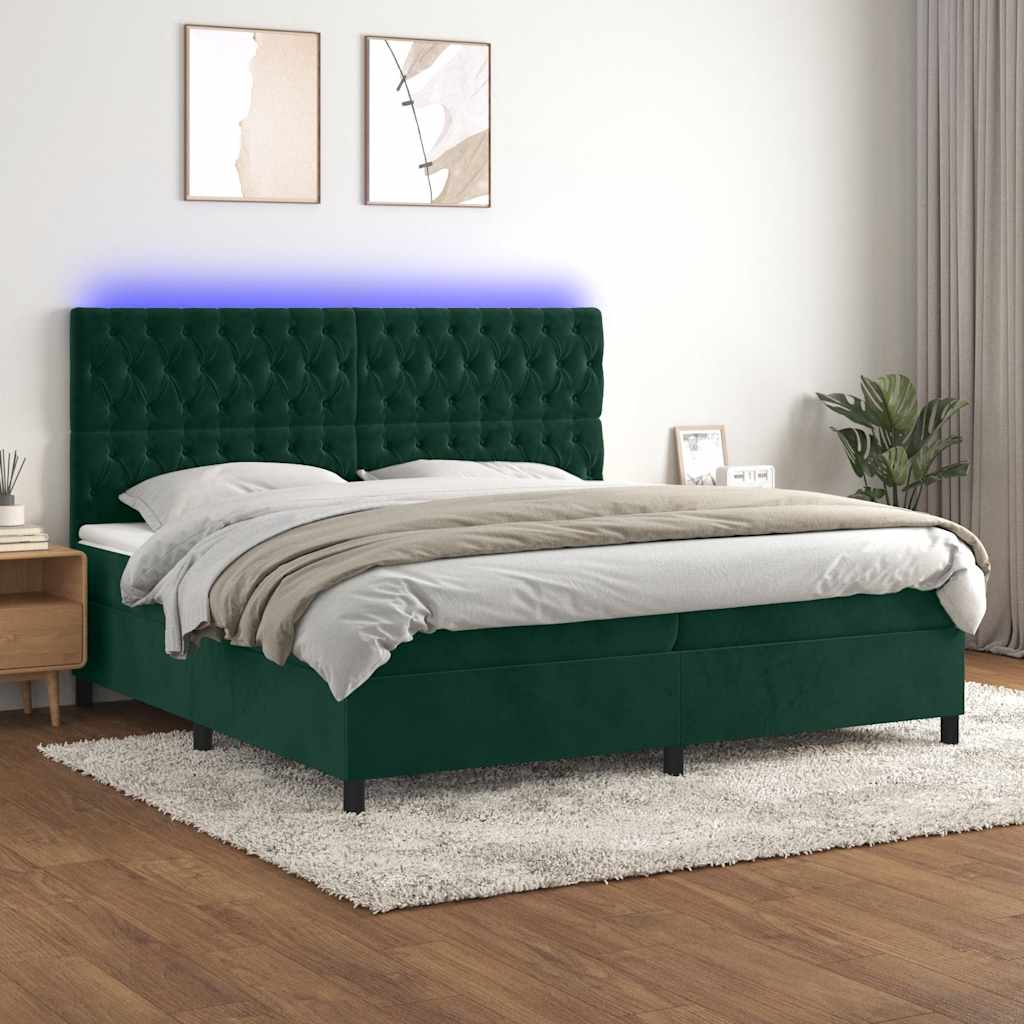 Krevet box spring s madracem LED tamnozeleni 200x200 cm baršun