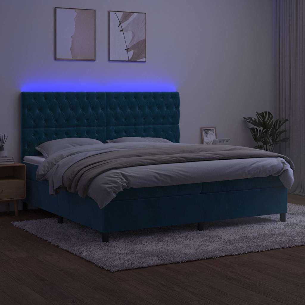 Krevet box spring s madracem LED tamnoplavi 200x200 cm baršun