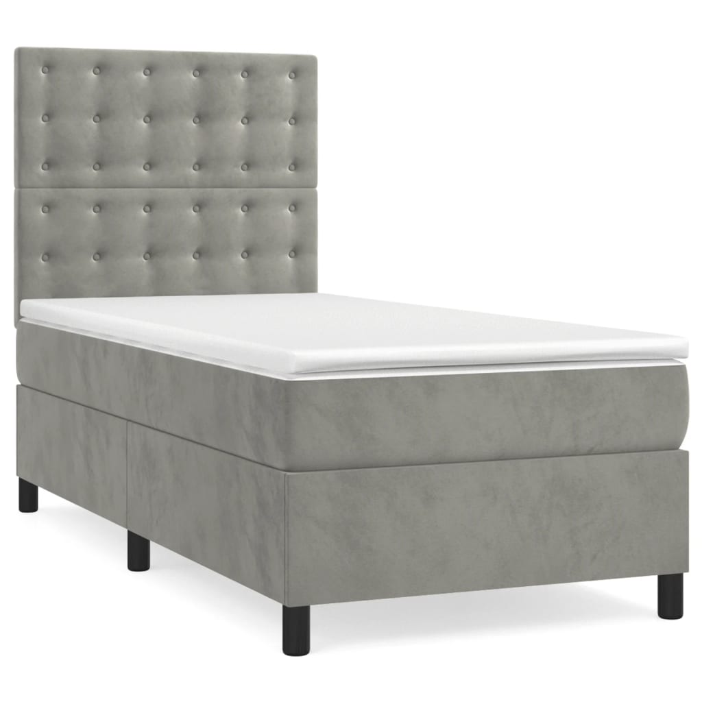 Krevet box spring s madracem LED svjetlosivi 90x190 cm baršun