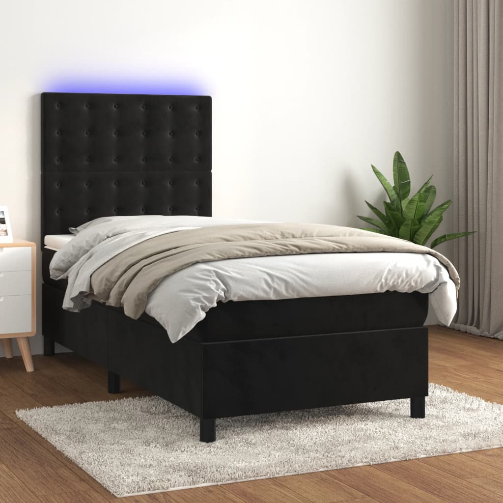 Krevet box spring s madracem LED crni 90x190 cm baršun