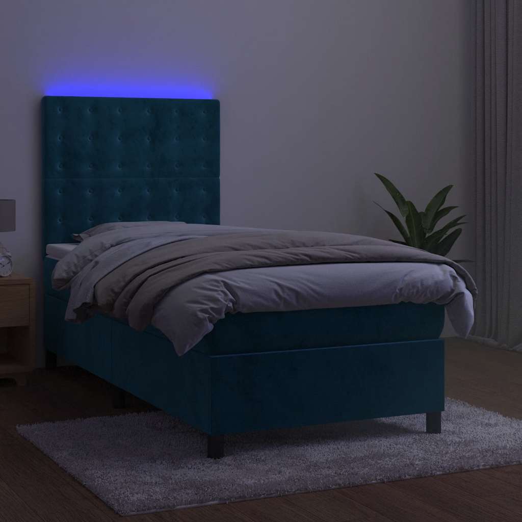 Krevet box spring s madracem LED tamnoplavi 90x190 cm baršun